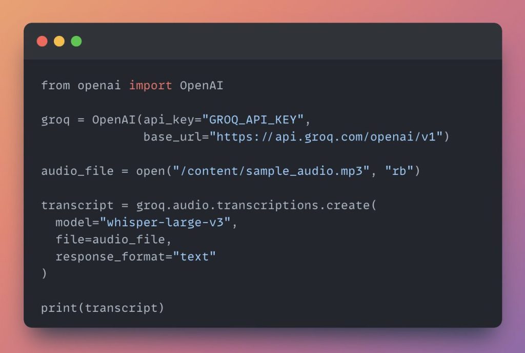Example of Groq's Whisper API being utilized with OpenAI client