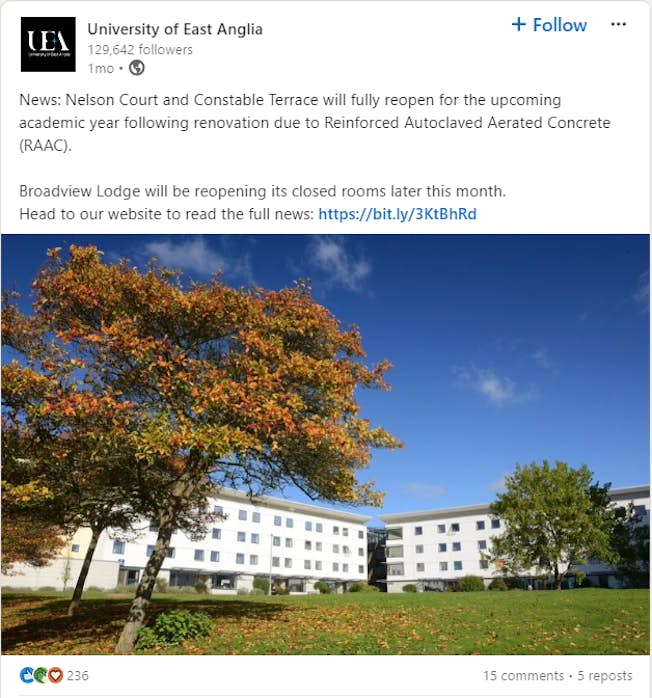 Screenshot of a clear and simple post from University of East Anglia